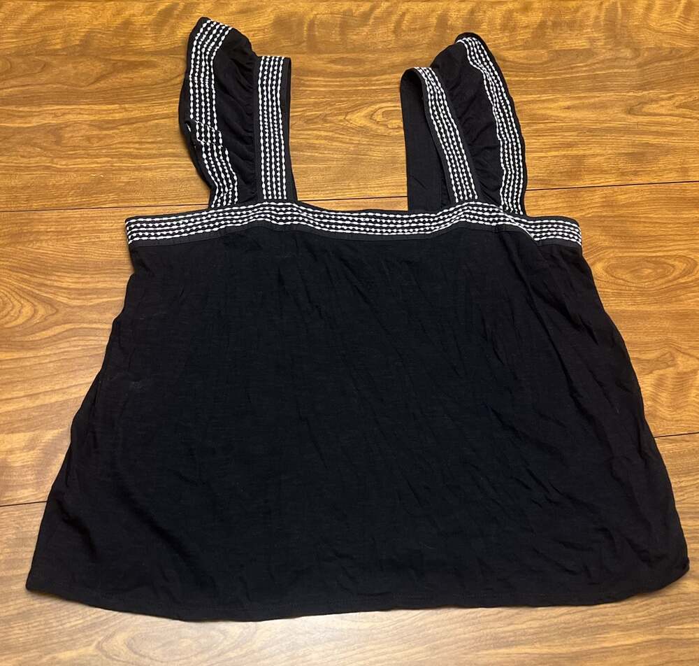 LOFT Black Embroidered Ruffle Strap Square Neck Tank Top Size L